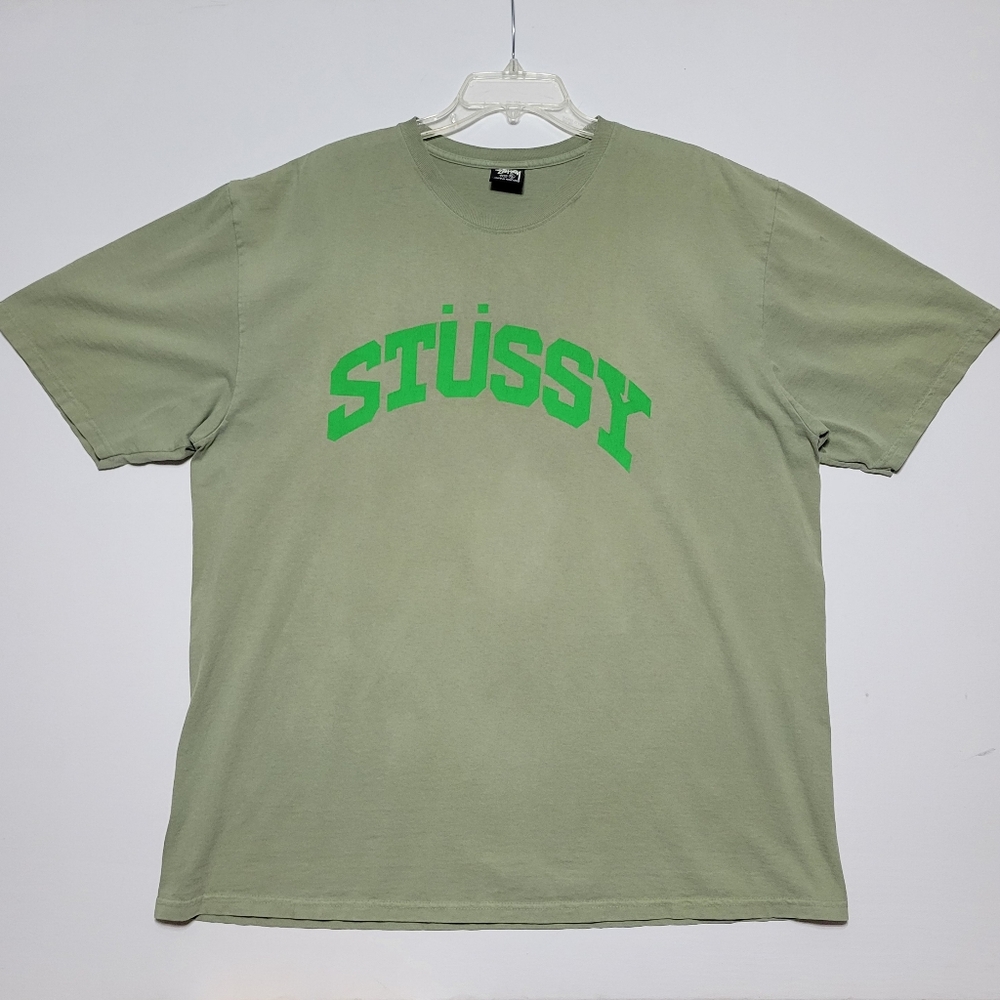 Stussy Block Sport Tee Mens XL Artichoke Pigment Dyed Off-Centered Spellout